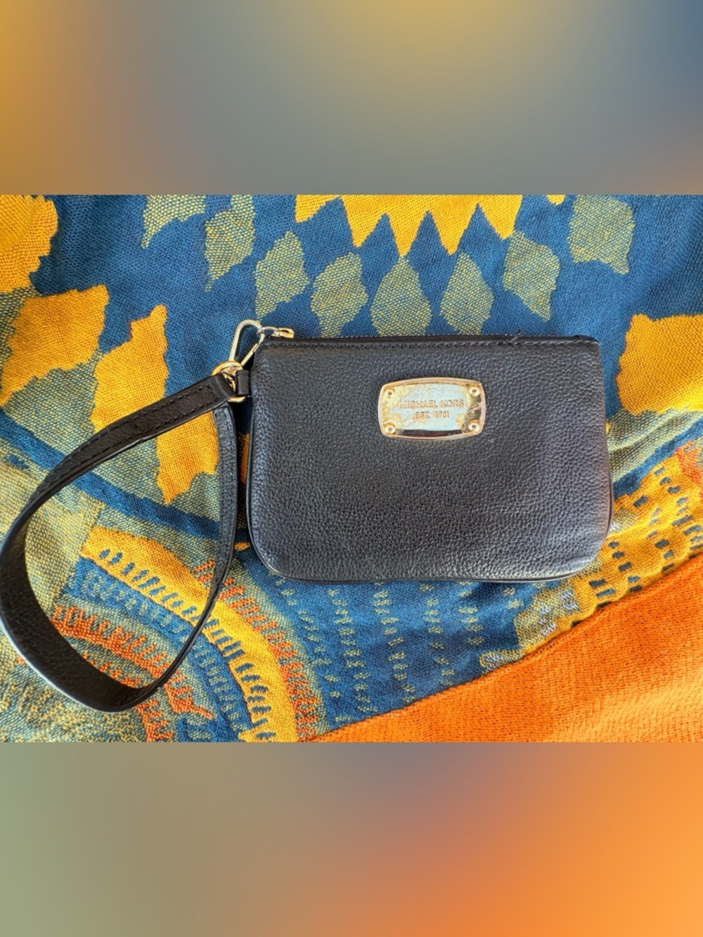 Michael Kors Black Leather Wristlet with Gold Plaque